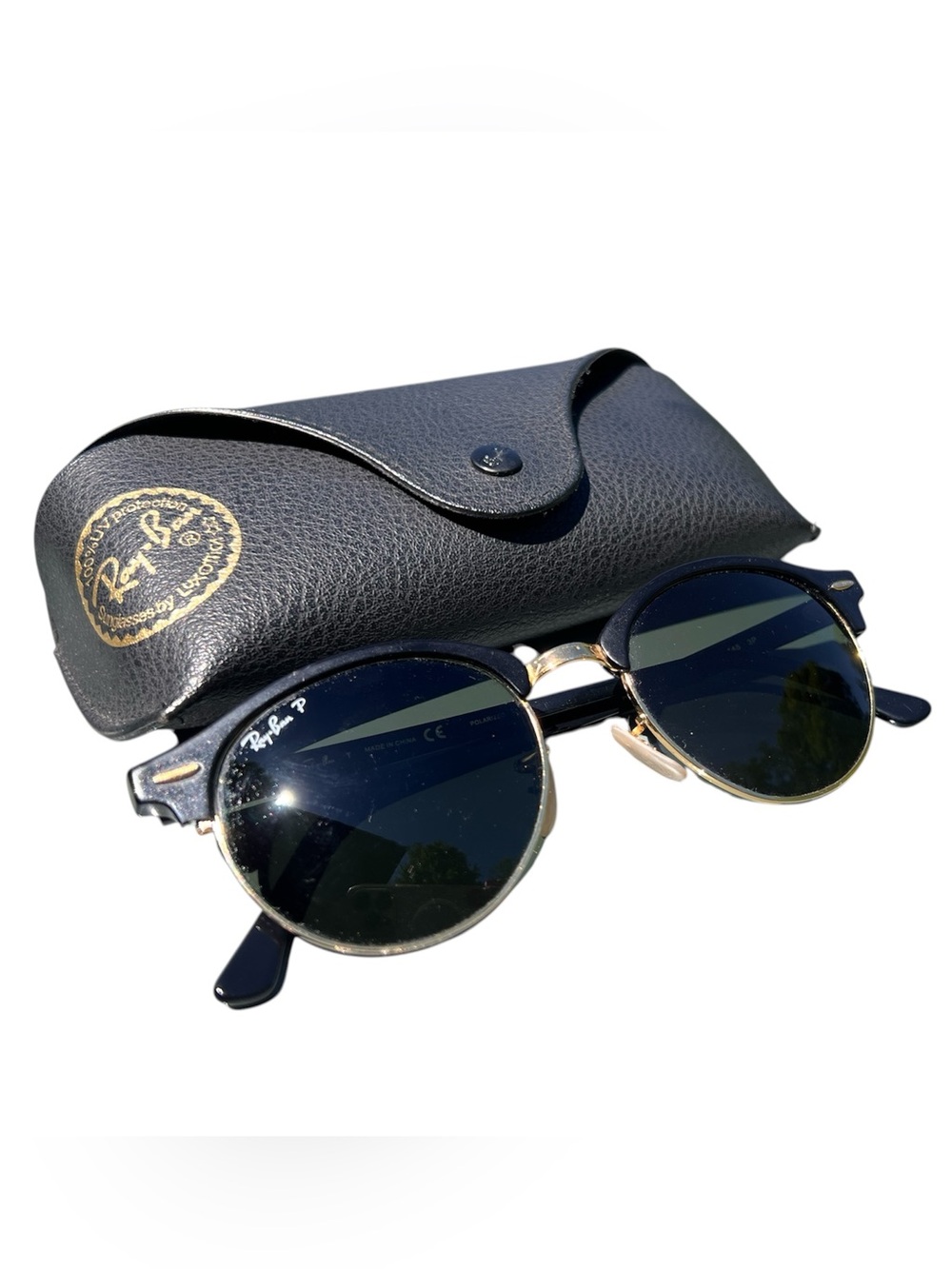 Ray-Ban Polarized Club Round RB4246 - Black Frames, Gold Accents, Green Lenses